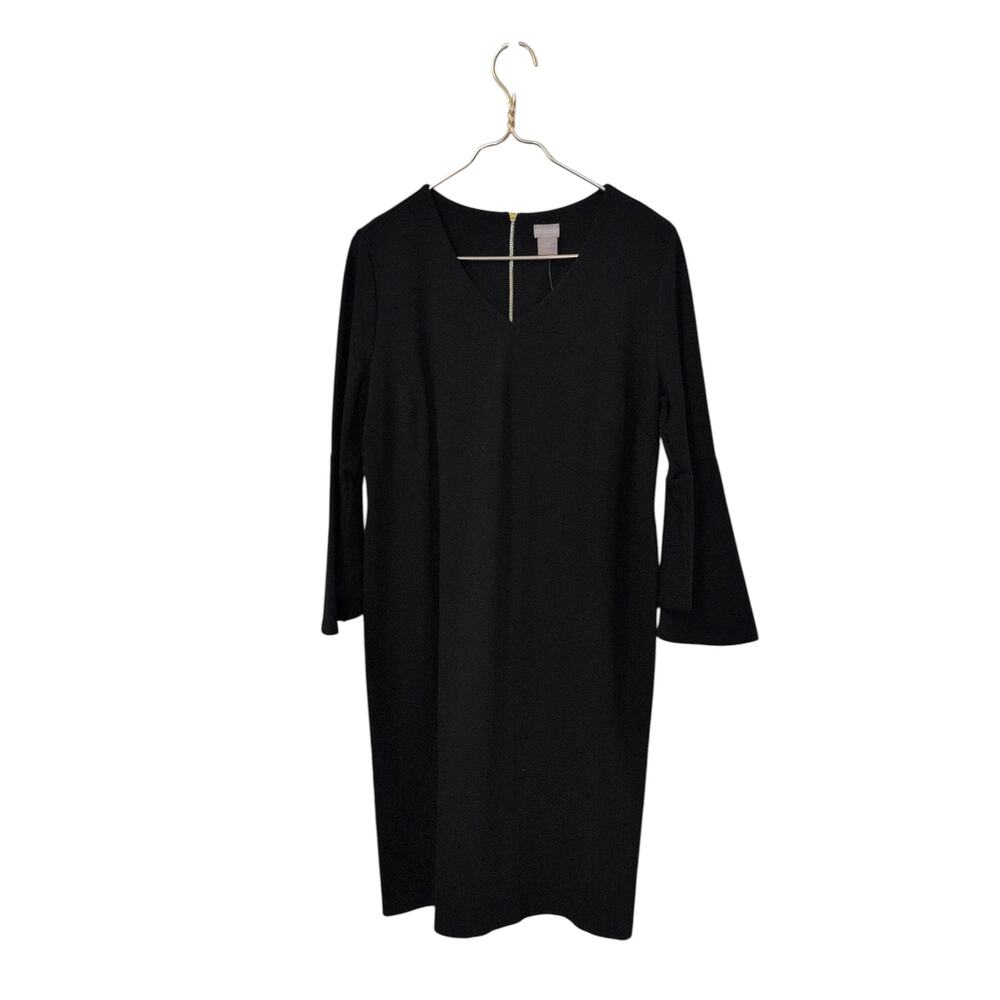 Chico’s Black Ponte Sheath Dress Bell Sleeves Gold Zip Size 0.5 (SMALL) NWT